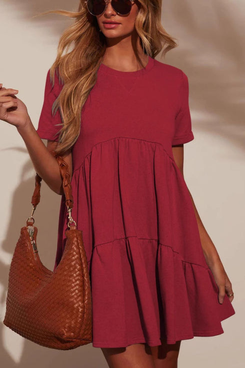 Tiered Round Neck Short Sleeve Mini Dress - Odaingerous